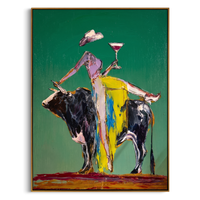 "Cocktail & The Bull" – Modern Heavy Impasto Abstract Figurative Art | 3D Emerald & Citrus Palette Knife Painting | Luxury Vertical Wall Art #AB 497