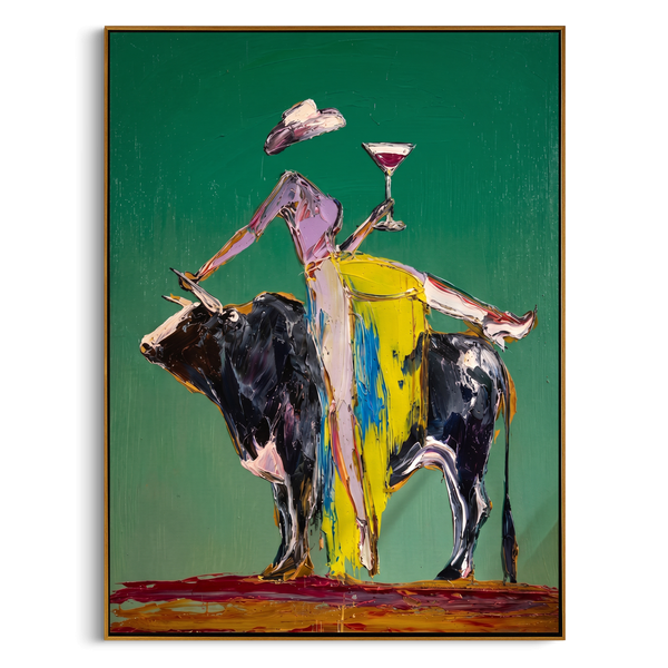"Cocktail & The Bull" – Modern Heavy Impasto Abstract Figurative Art | 3D Emerald & Citrus Palette Knife Painting | Luxury Vertical Wall Art #AB 497