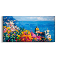 "Mediterranean Cliffside Floral Village" - Modern Heavy Impasto Coastal Landscape | 3D Azure Ocean & Fuchsia Floral Palette Knife Painting | Luxury Horizontal Wall Art #PT 581
