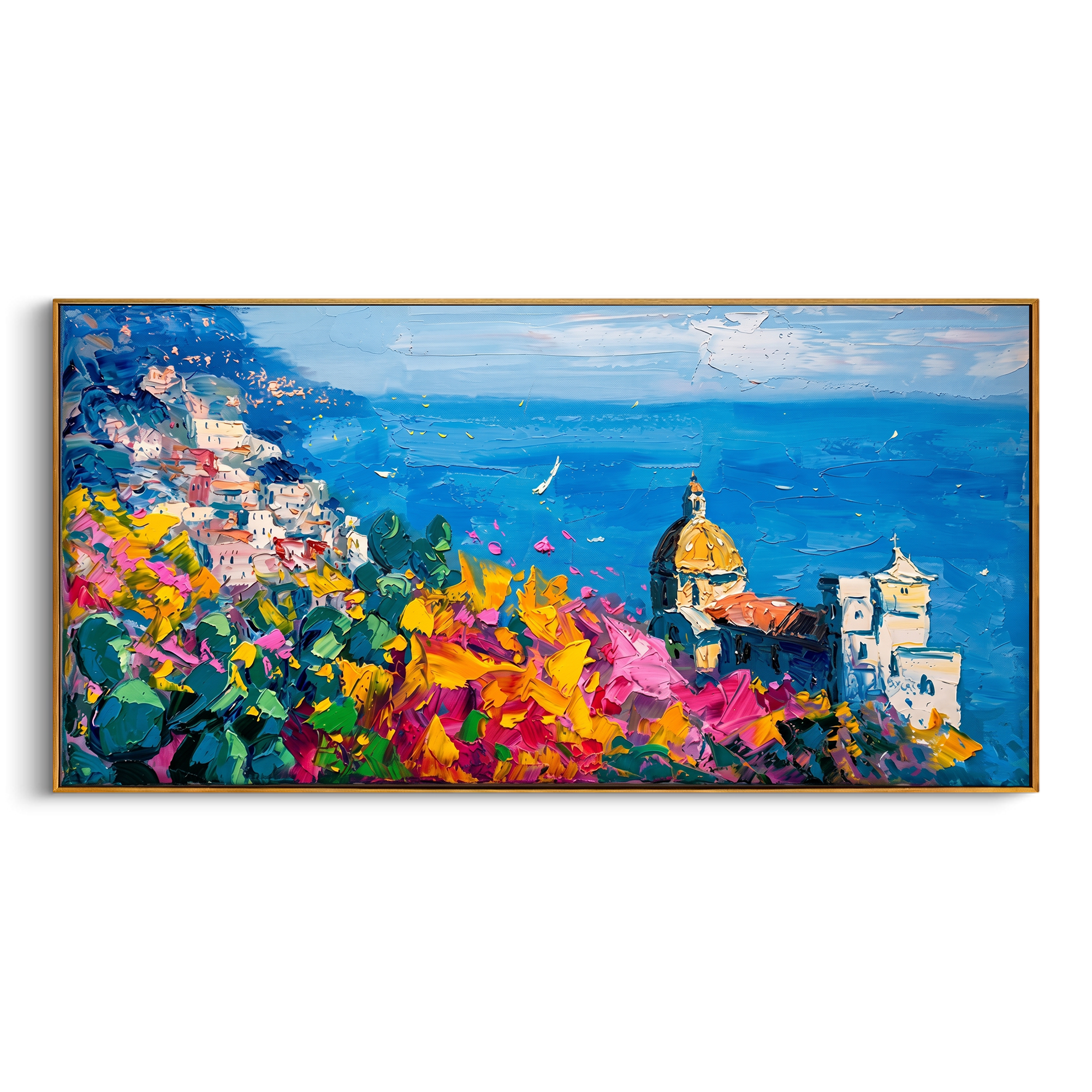 "Mediterranean Cliffside Floral Village" - Modern Heavy Impasto Coastal Landscape | 3D Azure Ocean & Fuchsia Floral Palette Knife Painting | Luxury Horizontal Wall Art #PT 581