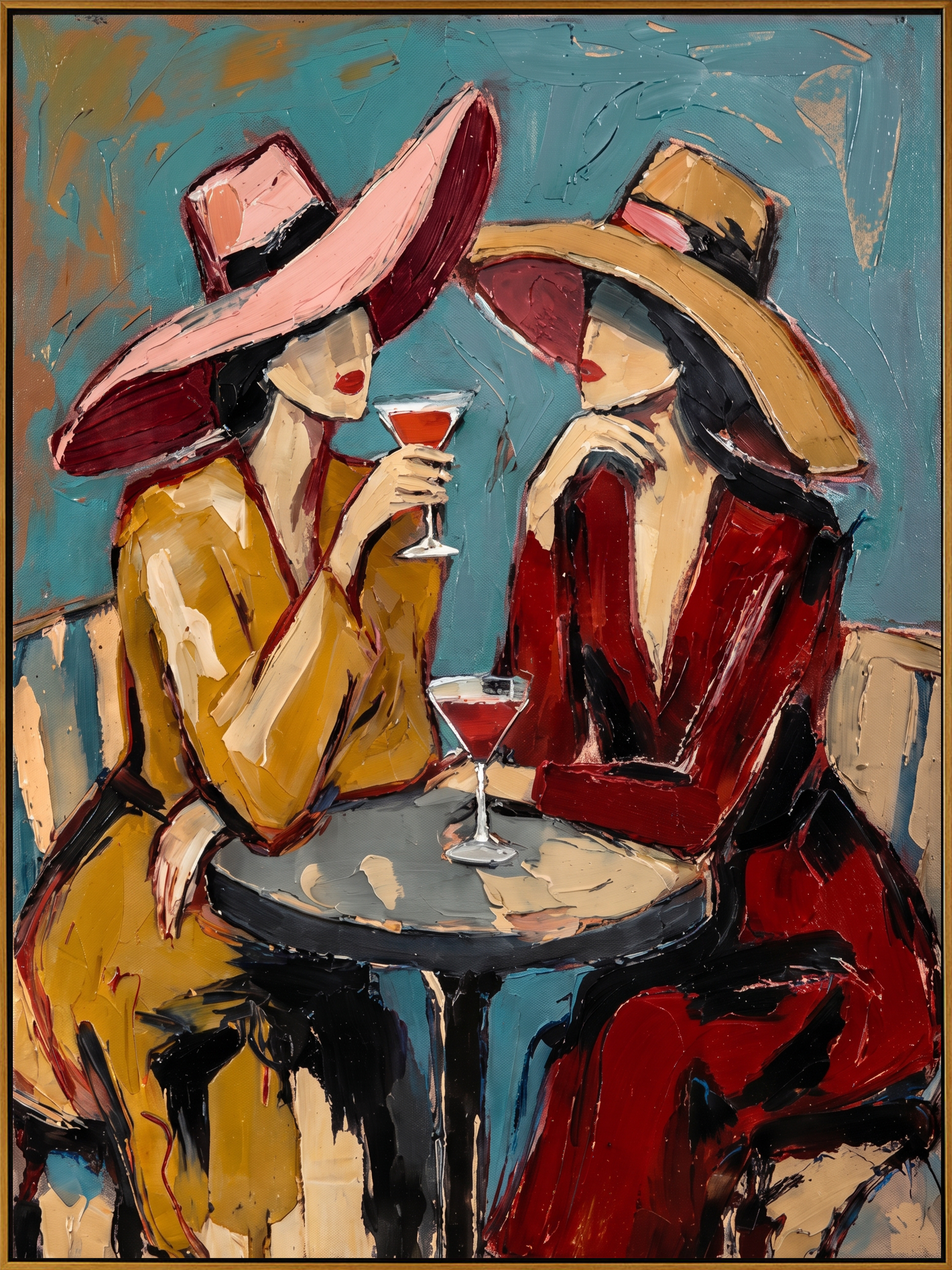 "Cocktail Hour Companions" – Modern Heavy Impasto Figurative Art | 3D Teal & Crimson Palette Knife Painting | Luxury Vertical Wall Art #PE 517