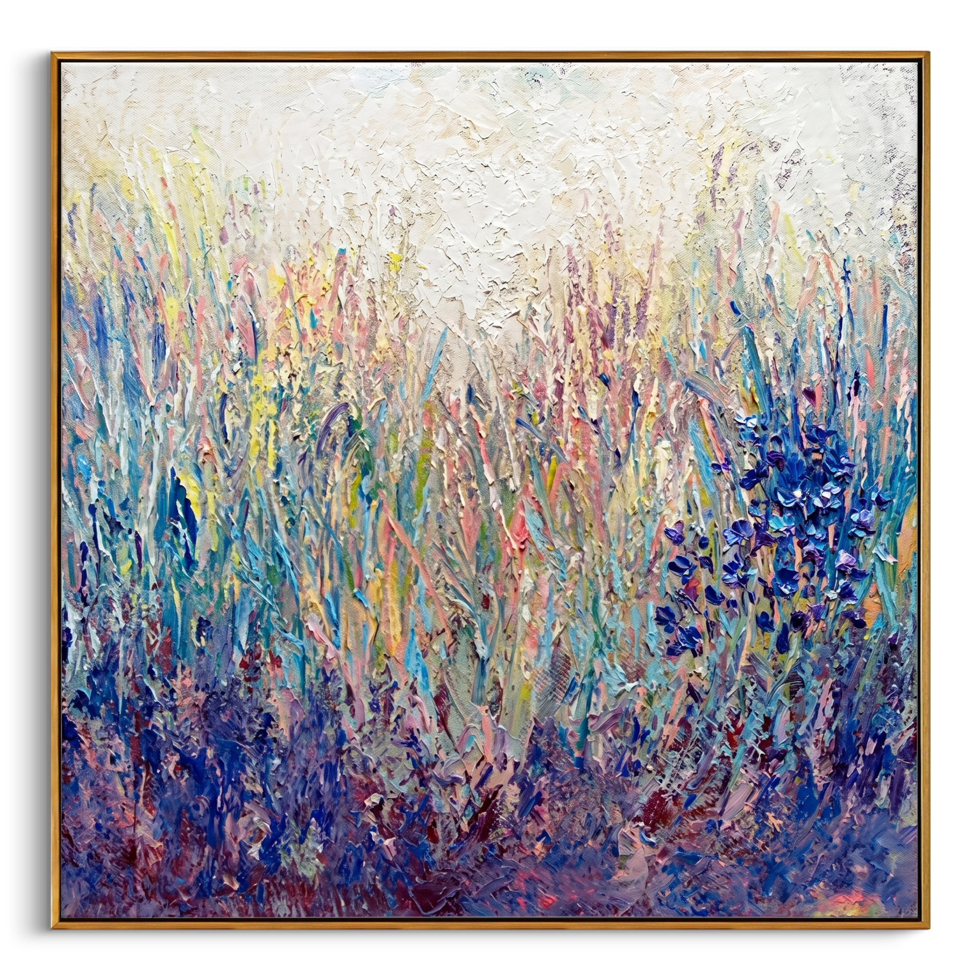"Lavender Wildflower Meadow" - Modern Heavy Impasto Floral Abstract Landscape | 3D Violet Indigo & Soft Pastel Palette Knife Painting | Luxury Square Wall Art #PT 585