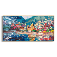 "Pastel Positano Beach Harbor" - Modern Heavy Impasto Mediterranean Landscape | 3D Turquoise Sea & Multicolored Village Palette Knife Painting | Luxury Horizontal Wall Art #PT 582