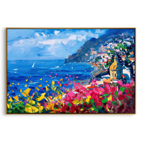 "Coastal Bloom Vista" - Colorful Mediterranean Seascape | Heavy Impasto Blue Ocean & Floral Palette Knife Painting | Luxury Horizontal Wall Art #PT 590