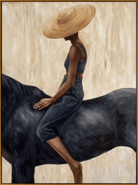 "Straw Hat & Midnight Horse" – Stylized Impasto Portrait | Neutral Tones Textured Wall Decor | Contemporary Vertical Statement Piece #PT 555