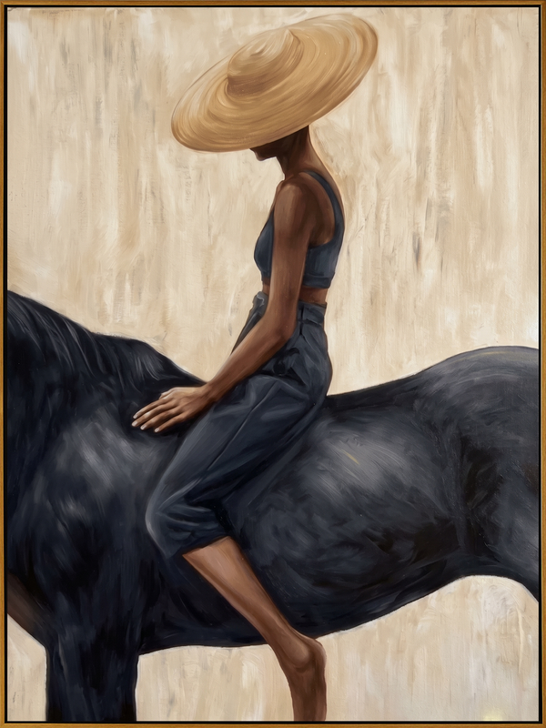 "Straw Hat & Midnight Horse" – Stylized Impasto Portrait | Neutral Tones Textured Wall Decor | Contemporary Vertical Statement Piece #PT 555