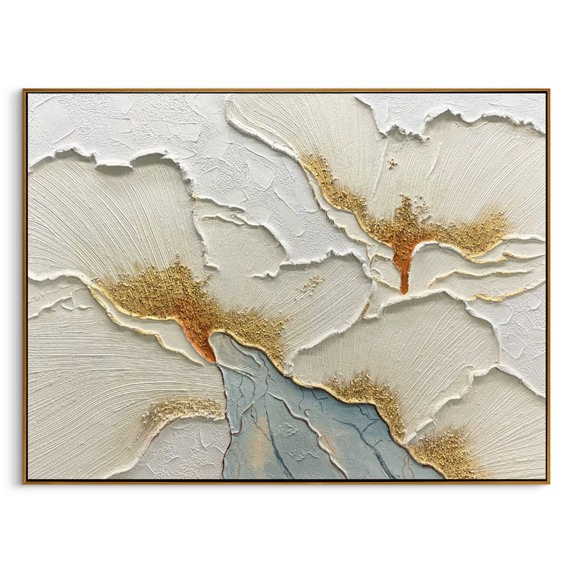 "White Blossom Relief" - Modern Textured Floral Art | 3D Ivory & Gold Impasto Canvas Painting | Luxury Horizontal Wall Art #PT 595