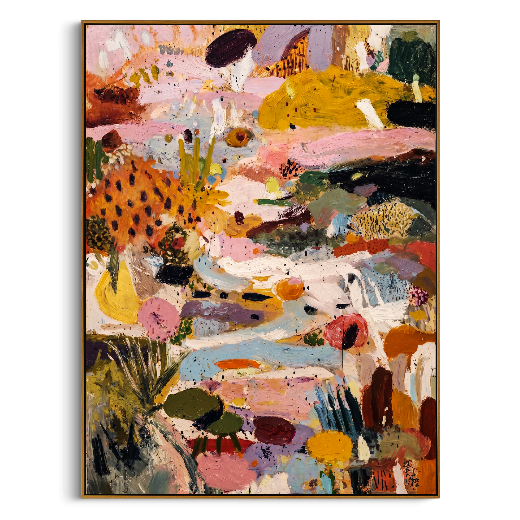 "Vibrant Wild Garden Abstract Chaos" – Modern Heavy Impasto Expressionist Floral Abstract | 3D Mustard Ochre & Blush Pink Palette Knife Painting | Luxury Vertical Wall Art #PT 572