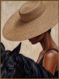 "Straw Hat & Steed" – Modern Heavy Impasto Figurative Art | 3D Natural Woven & Noir Palette Knife Painting | Luxury Vertical Wall Art #PE 516