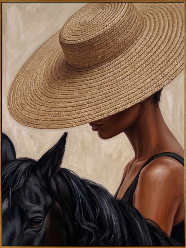 "Straw Hat & Steed" – Modern Heavy Impasto Figurative Art | 3D Natural Woven & Noir Palette Knife Painting | Luxury Vertical Wall Art #PE 516