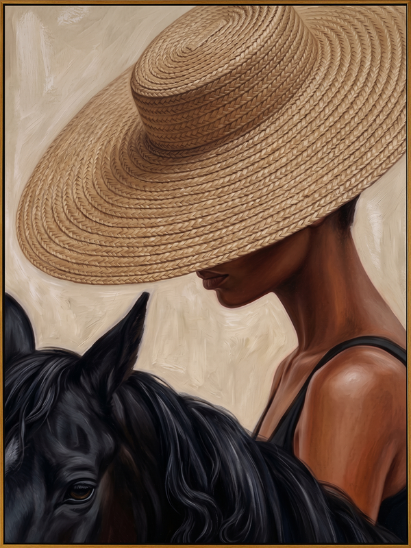 "Straw Hat & Steed" – Modern Heavy Impasto Figurative Art | 3D Natural Woven & Noir Palette Knife Painting | Luxury Vertical Wall Art #PE 516