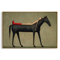 "Resting Figure Upon Black Stallion" – Modern Folk Surreal Impasto Art | 3D Muted Sage & Scarlet Palette Knife Painting | Luxury Horizontal Wall Art #PT 641