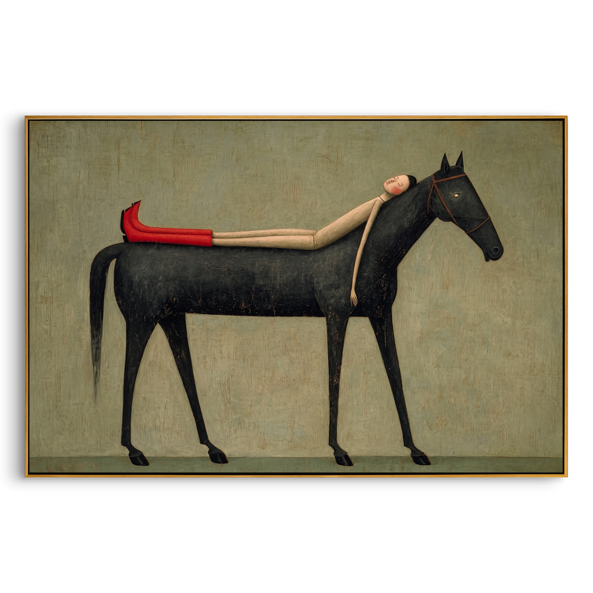 "Resting Figure Upon Black Stallion" – Modern Folk Surreal Impasto Art | 3D Muted Sage & Scarlet Palette Knife Painting | Luxury Horizontal Wall Art #PT 641