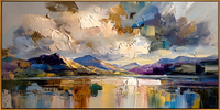"Gilded Mountain Lake Reflection Vista" - Modern Heavy Impasto Abstract Landscape | 3D Lavender Violet & Gilded Gold Palette Knife Painting | Luxury Wide Horizontal Wall Art #PT 580