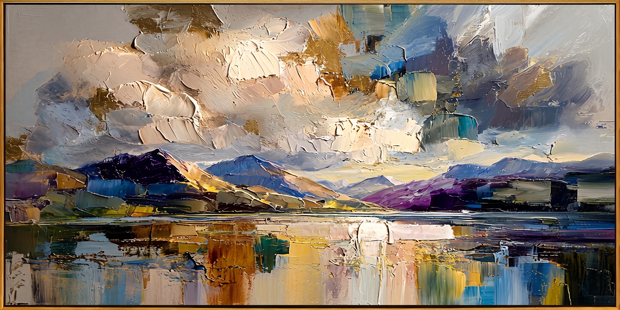 "Gilded Mountain Lake Reflection Vista" - Modern Heavy Impasto Abstract Landscape | 3D Lavender Violet & Gilded Gold Palette Knife Painting | Luxury Wide Horizontal Wall Art #PT 580
