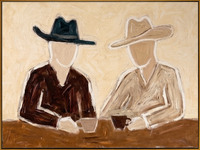 "Two Cowboys’ Coffee Chat" – Modern Heavy Impasto Minimal Western Figurative | 3D Warm Cream & Earth Brown Palette Knife Painting | Luxury Horizontal Wall Art #PE 524