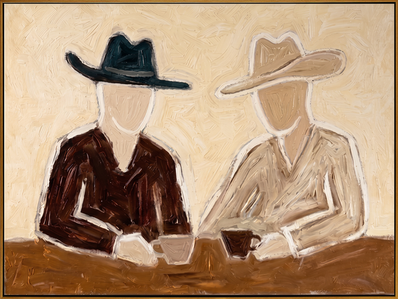 "Two Cowboys’ Coffee Chat" – Modern Heavy Impasto Minimal Western Figurative | 3D Warm Cream & Earth Brown Palette Knife Painting | Luxury Horizontal Wall Art #PE 524