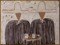 "Dual Cowboy Coffee Session" – Modern Heavy Impasto Minimal Western Figurative | 3D Off-White & Espresso Brown Palette Knife Painting | Luxury Horizontal Wall Art #PE 526