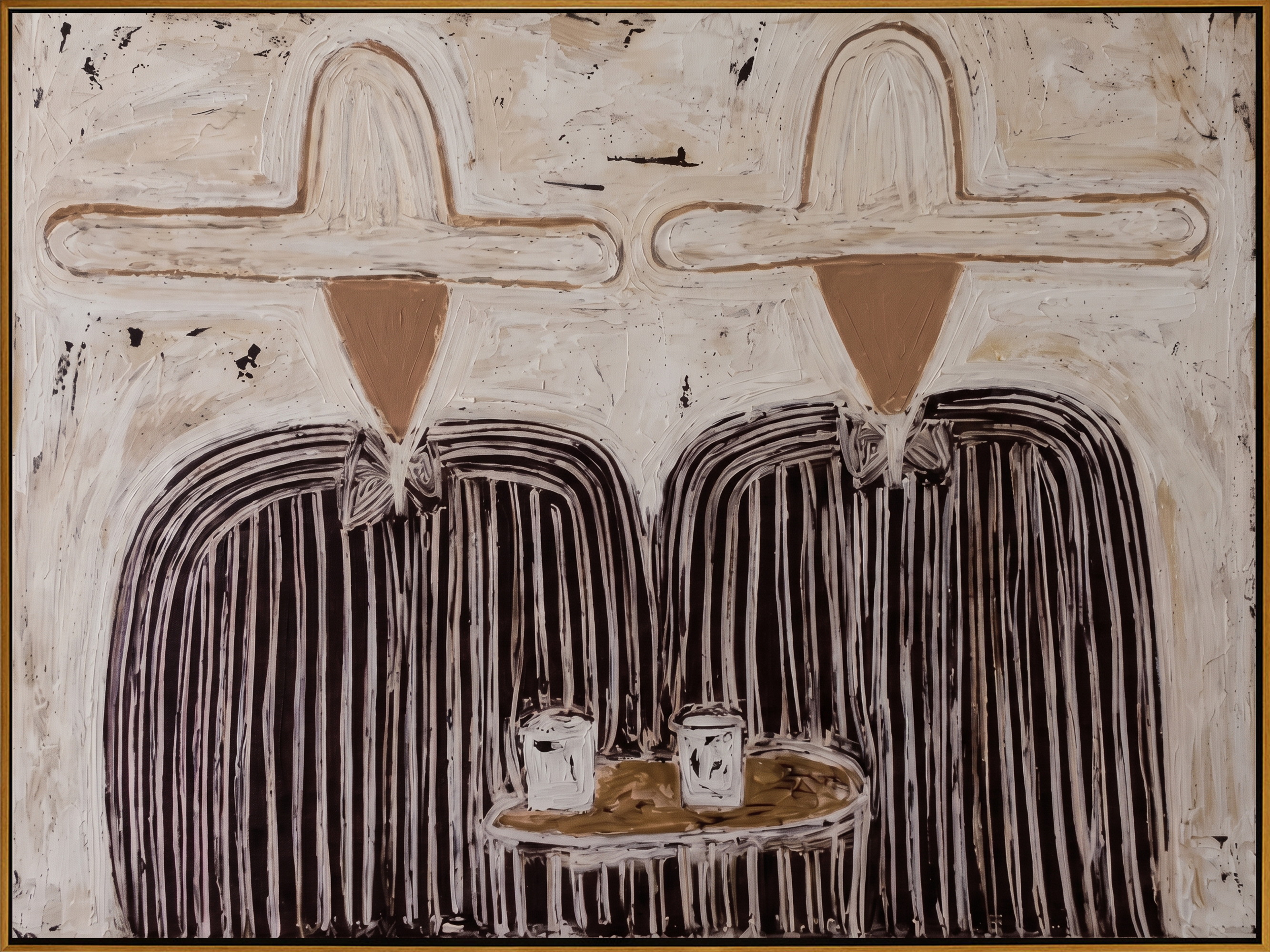 "Dual Cowboy Coffee Session" – Modern Heavy Impasto Minimal Western Figurative | 3D Off-White & Espresso Brown Palette Knife Painting | Luxury Horizontal Wall Art #PE 526