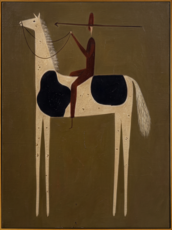 "Spear Bearing Primitive Rider" – Modern Heavy Impasto Tribal Western Figurative | 3D Vintage Umber & Cream Black Palette Knife Painting | Luxury Vertical Wall Art #AB 513