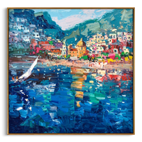 "Positano Bay Sailboat Reflections" - Modern Heavy Impasto Impressionist Coastal Townscape | 3D Deep Sapphire & Pastel Multicolor Palette Knife Painting | Luxury Square Wall Art #PT 583