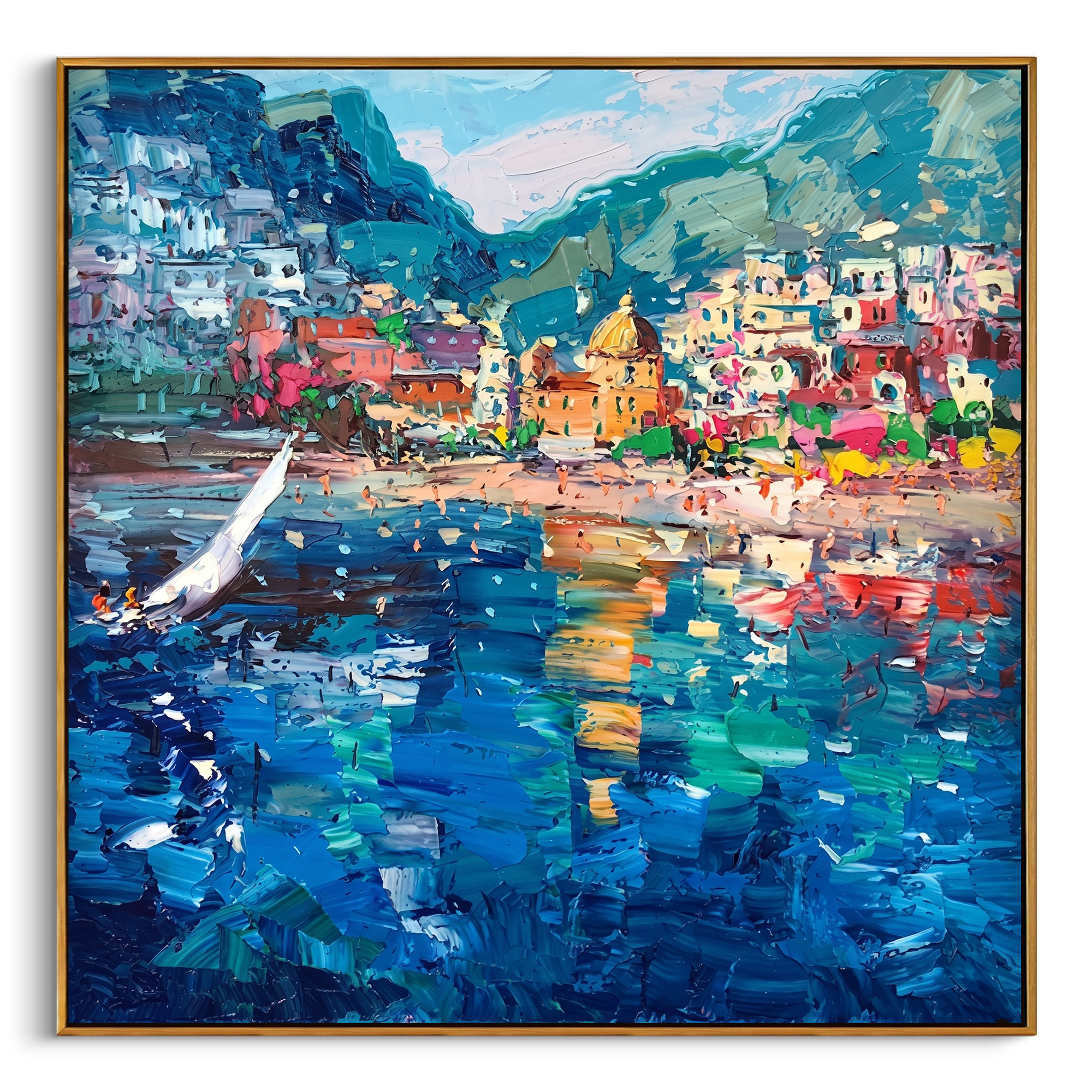 "Positano Bay Sailboat Reflections" - Modern Heavy Impasto Impressionist Coastal Townscape | 3D Deep Sapphire & Pastel Multicolor Palette Knife Painting | Luxury Square Wall Art #PT 583