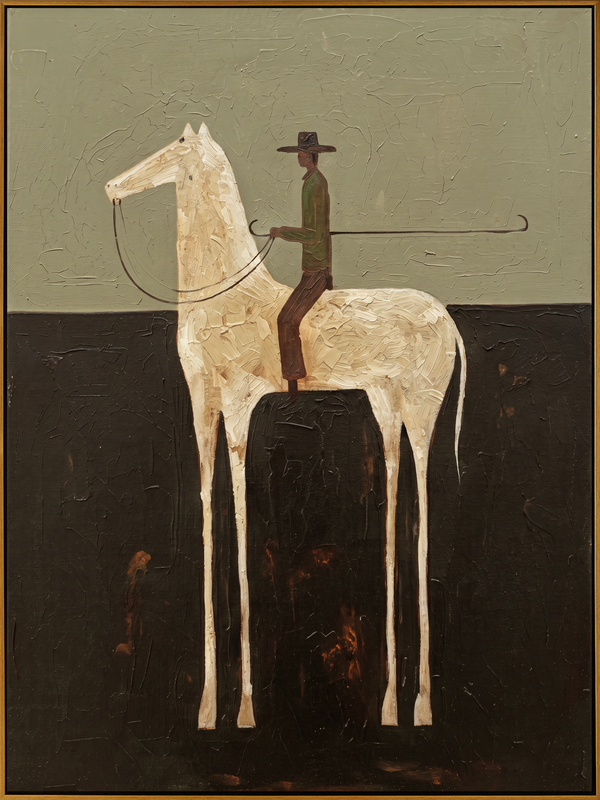 "Cowboy on the White Steed" – Stylized Minimalist Impasto Artwork | Earthy Tones Textured Wall Decor | Contemporary Vertical Statement Piece #AB 500