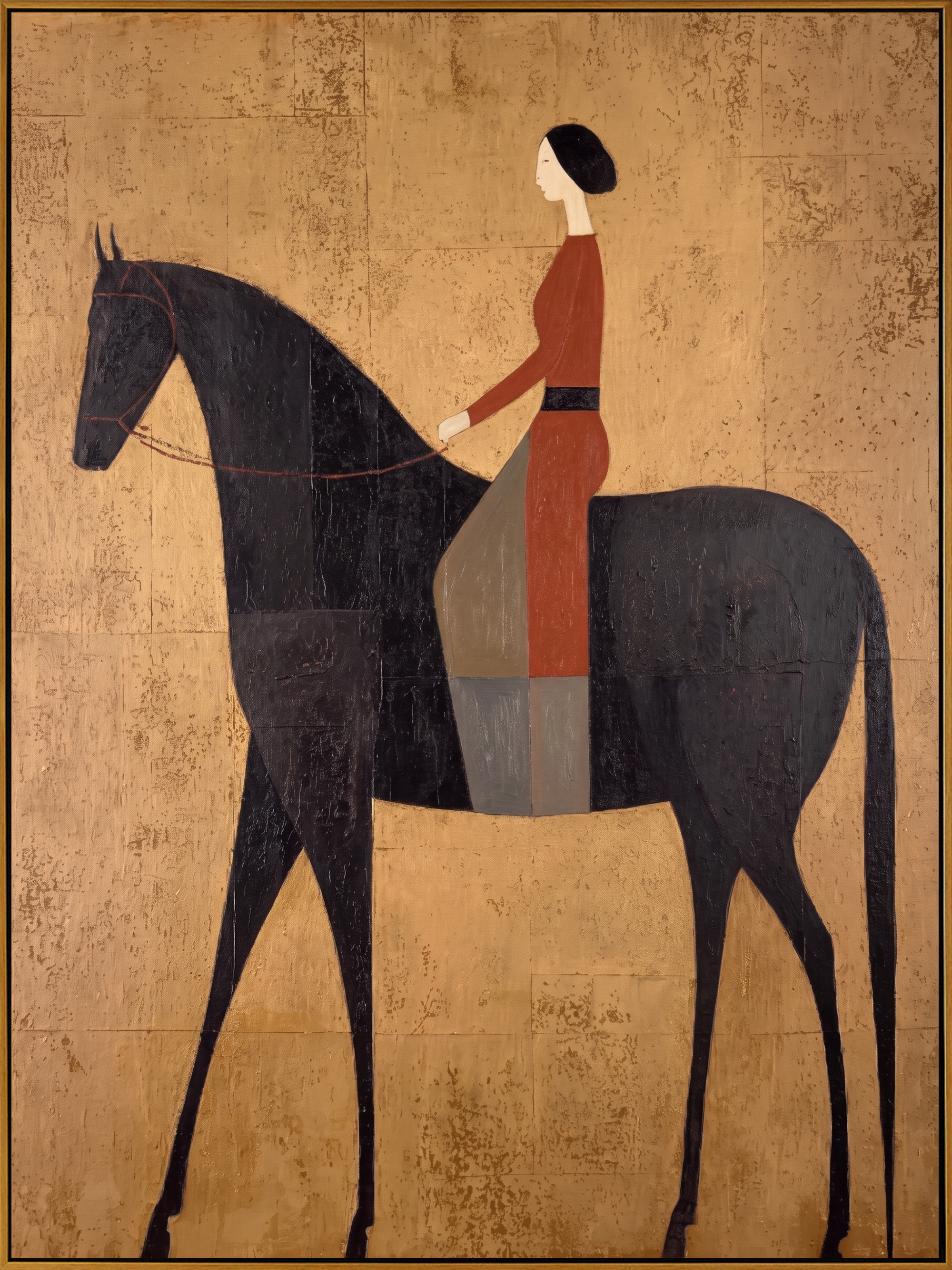 "Gilded Noble Equestrienne" – Modern Heavy Impasto Vintage Figurative | 3D Antique Gold & Burgundy Ebony Palette Knife Painting | Luxury Vertical Wall Art #PT 558