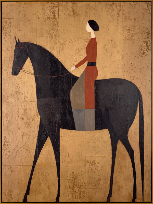 "Gilded Noble Equestrienne" – Modern Heavy Impasto Vintage Figurative | 3D Antique Gold & Burgundy Ebony Palette Knife Painting | Luxury Vertical Wall Art #PT 558