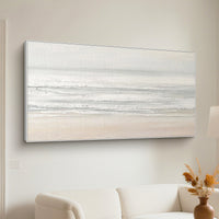 "Ivory Sea Breeze" is a 100% hand-painted seascape created with professional oil and acrylic paints on high-quality canvas. Its white palette and visible textured strokes give every piece authentic handmade variation and tactile depth.