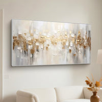 "Golden Essential Rhythm" is a 100% hand-painted minimalist abstract created with professional oil and acrylic paints on high-quality canvas. Its gold & white palette and visible textured strokes give every piece authentic handmade variation and tactile depth.