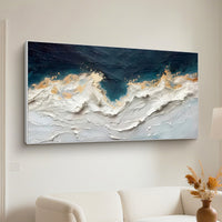 "Azure Shoreline Light" is a 100% hand-painted seascape created with professional oil and acrylic paints on high-quality canvas. Its blue & gold palette and visible textured strokes give every piece authentic handmade variation and tactile depth.