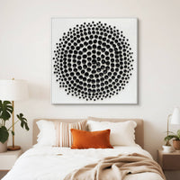"Monochrome Beaded Orbit" is a 100% hand-painted geometric abstract created with professional oil and acrylic paints on high-quality canvas. Its black & white palette and visible textured strokes give every piece authentic handmade variation and tactile depth.