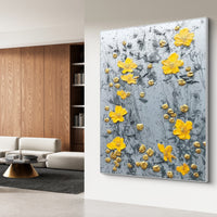 "Silver Garden Veil" is a 100% hand-painted floral artwork created with professional oil and acrylic paints on high-quality canvas. Its grey & yellow palette and visible textured strokes give every piece authentic handmade variation and tactile depth.
