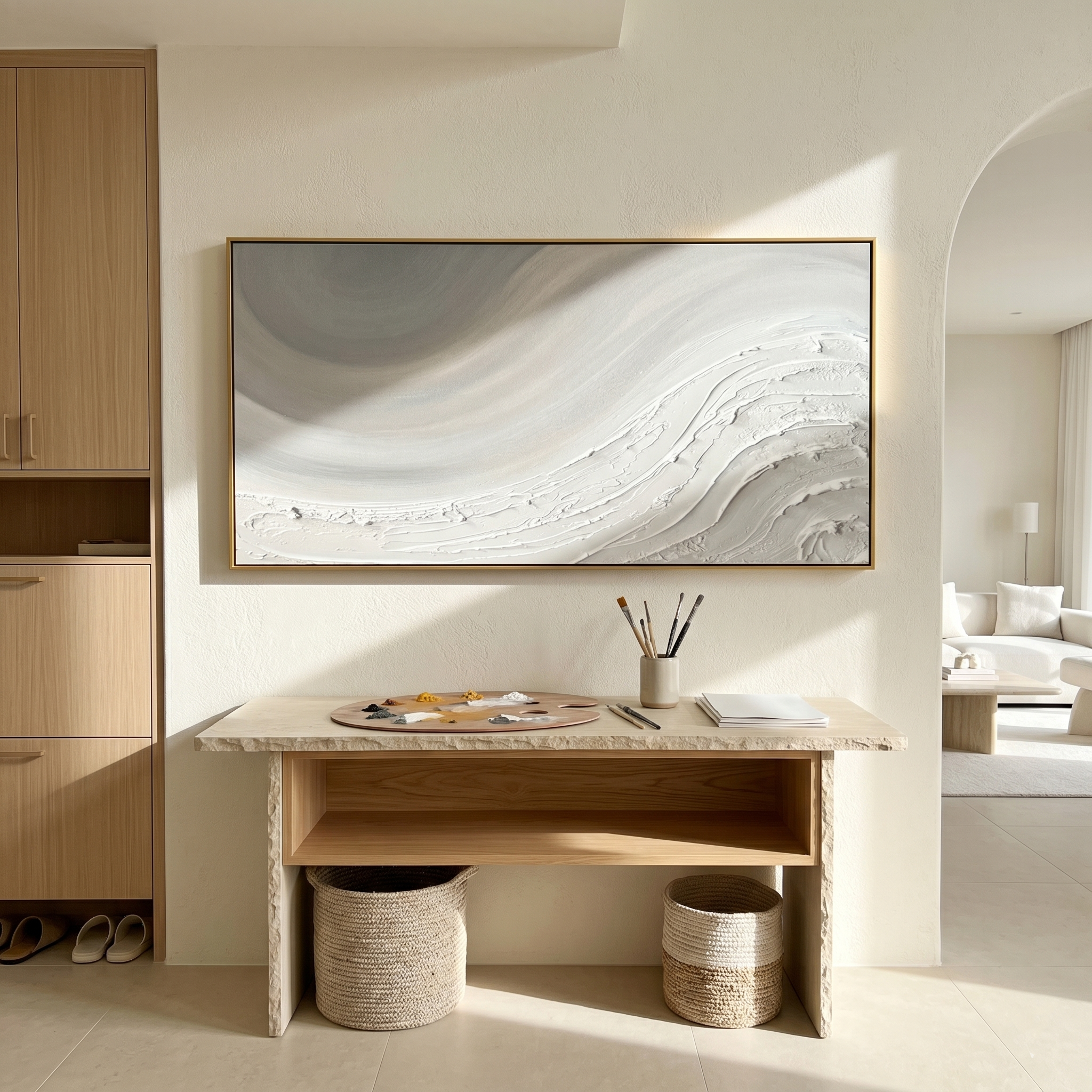 "Ethereal Tides" – 3D Sculptural Heavy Impasto Relief | Minimalist Creamy Gray Wabi-Sabi Horizontal Art#WS 239
