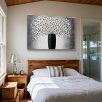 "Midnight Petal Reverie" - Textured Floral Art | 3D Black & Grey Impasto Canvas Painting | Luxury Horizontal Wall Art #PT 404