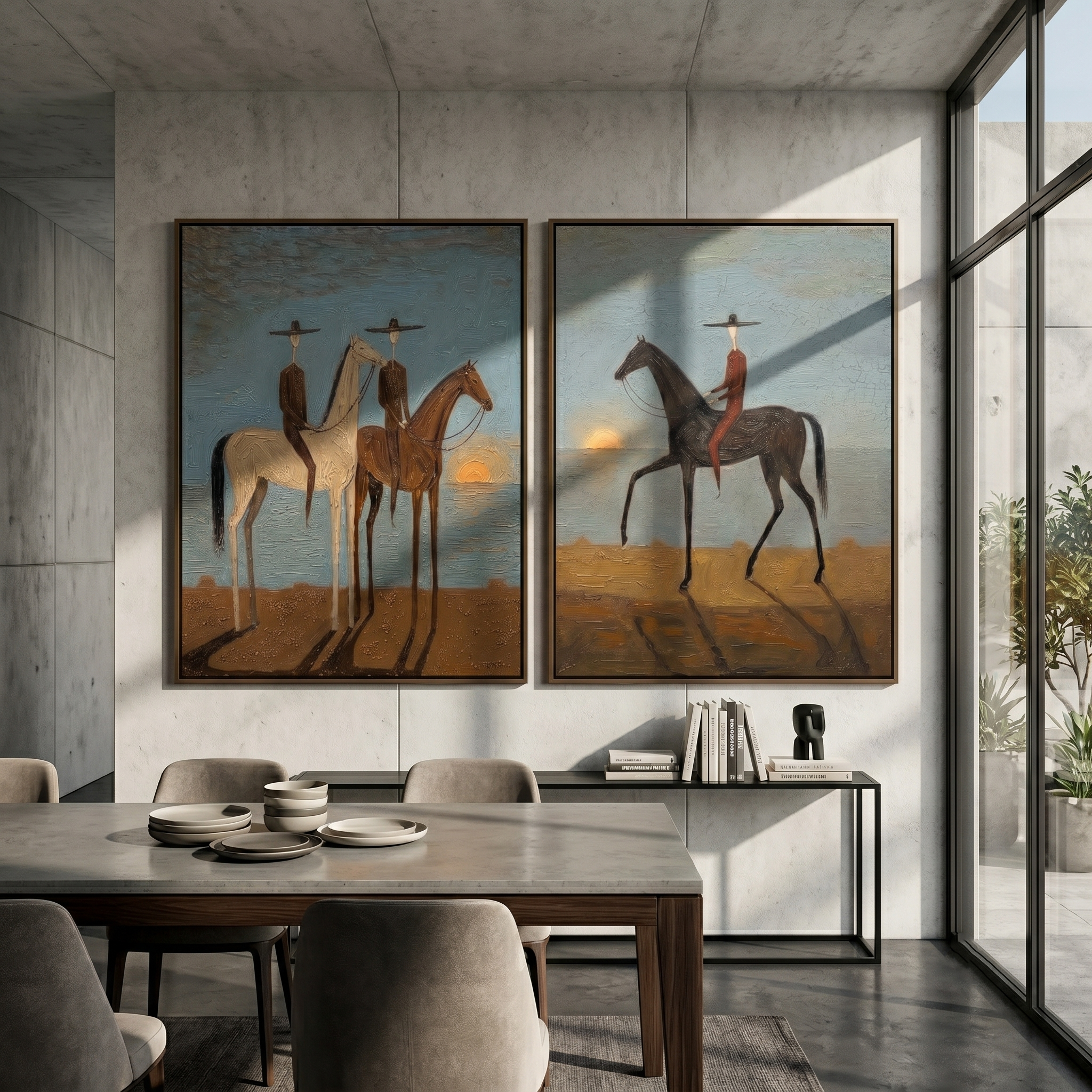 "Coastal Sunset Cowboy Duet Diptych" – Modern Heavy Impasto Surreal Western Figurative | 3D Dusk Blue & Earth Umber Palette Knife Painting | Luxury Two-Panel Vertical Wall Art Set #AB 522