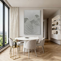 "Ivory Calm Geometry" is a 100% hand-painted minimalist abstract created with professional oil and acrylic paints on high-quality canvas. Its white palette and visible textured strokes give every piece authentic handmade variation and tactile depth.