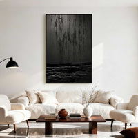 "Midnight Calm Geometry" is a 100% hand-painted minimalist abstract created with professional oil and acrylic paints on high-quality canvas. Its black palette and visible textured strokes give every piece authentic handmade variation and tactile depth.