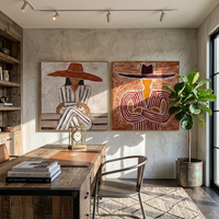 "Striped Hat Couple Diptych" – Modern Heavy Impasto Stylized Figurative | 3D Terracotta Russet & Muted Taupe Palette Knife Painting | Luxury Two-Panel Square Wall Art Set #PE 528