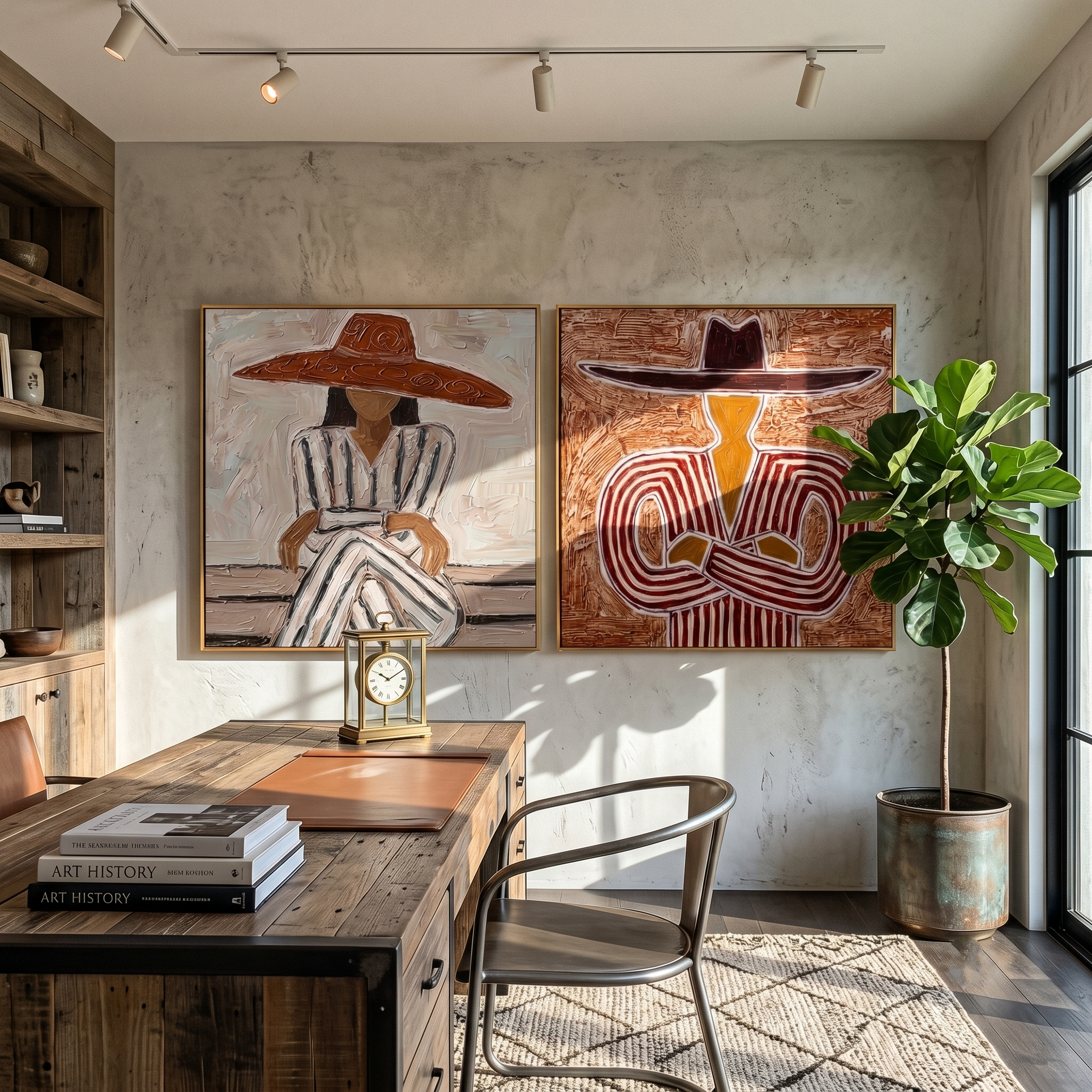 "Striped Hat Couple Diptych" – Modern Heavy Impasto Stylized Figurative | 3D Terracotta Russet & Muted Taupe Palette Knife Painting | Luxury Two-Panel Square Wall Art Set #PE 528
