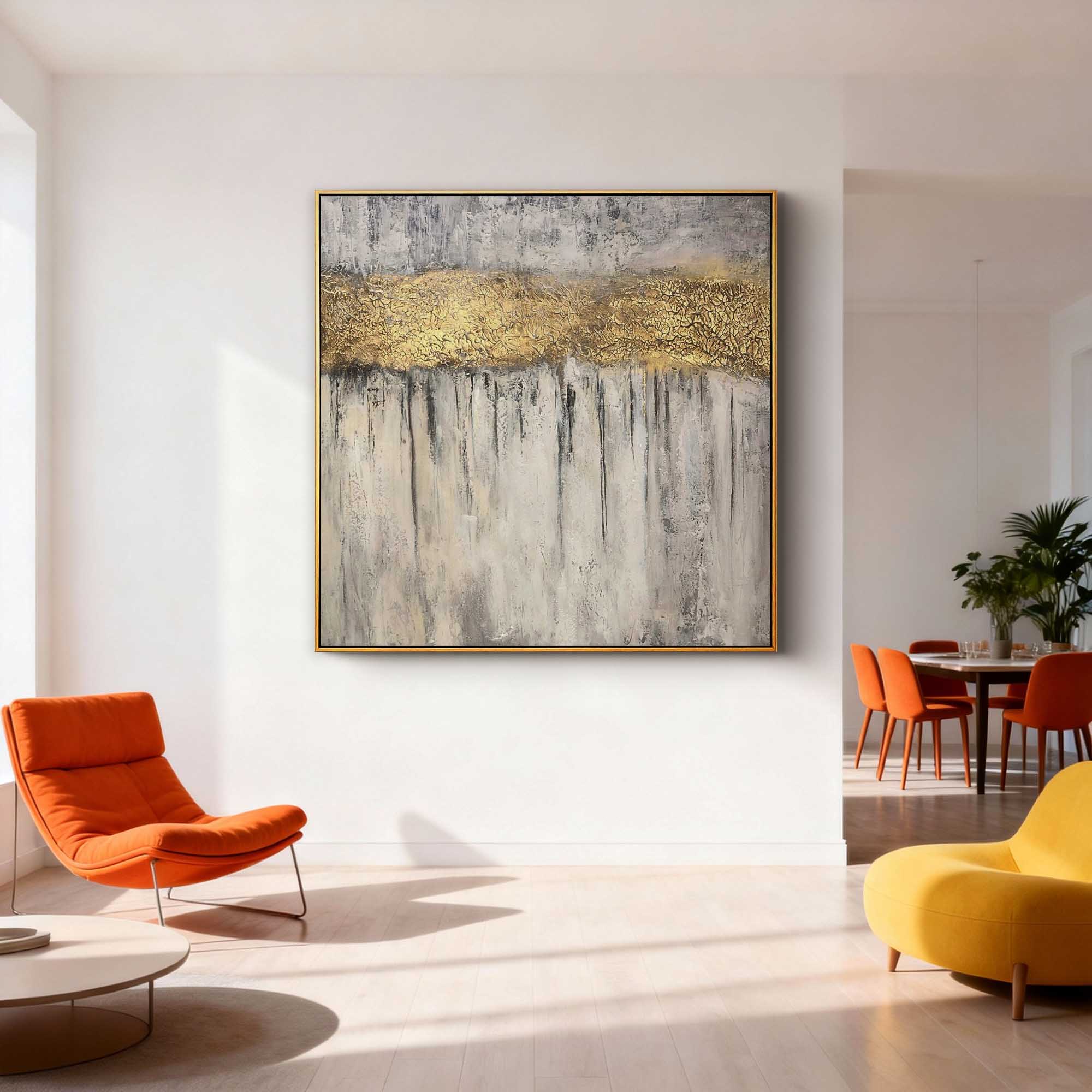 "Golden Crevice" – Luxury 3D Sculptural Gold Leaf Relief | Modern Wabi-Sabi Grey Texture Mansion Statement Art#WS 219