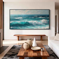 "Beach & Ocean Art" is a 100% hand-painted seascape created with professional oil and acrylic paints on high-quality canvas. Its green & white palette and visible textured strokes give every piece authentic handmade variation and tactile depth.