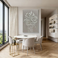"Silver Petal Bloom" is a 100% hand-painted floral artwork created with professional oil and acrylic paints on high-quality canvas. Its grey & white palette and visible textured strokes give every piece authentic handmade variation and tactile depth.