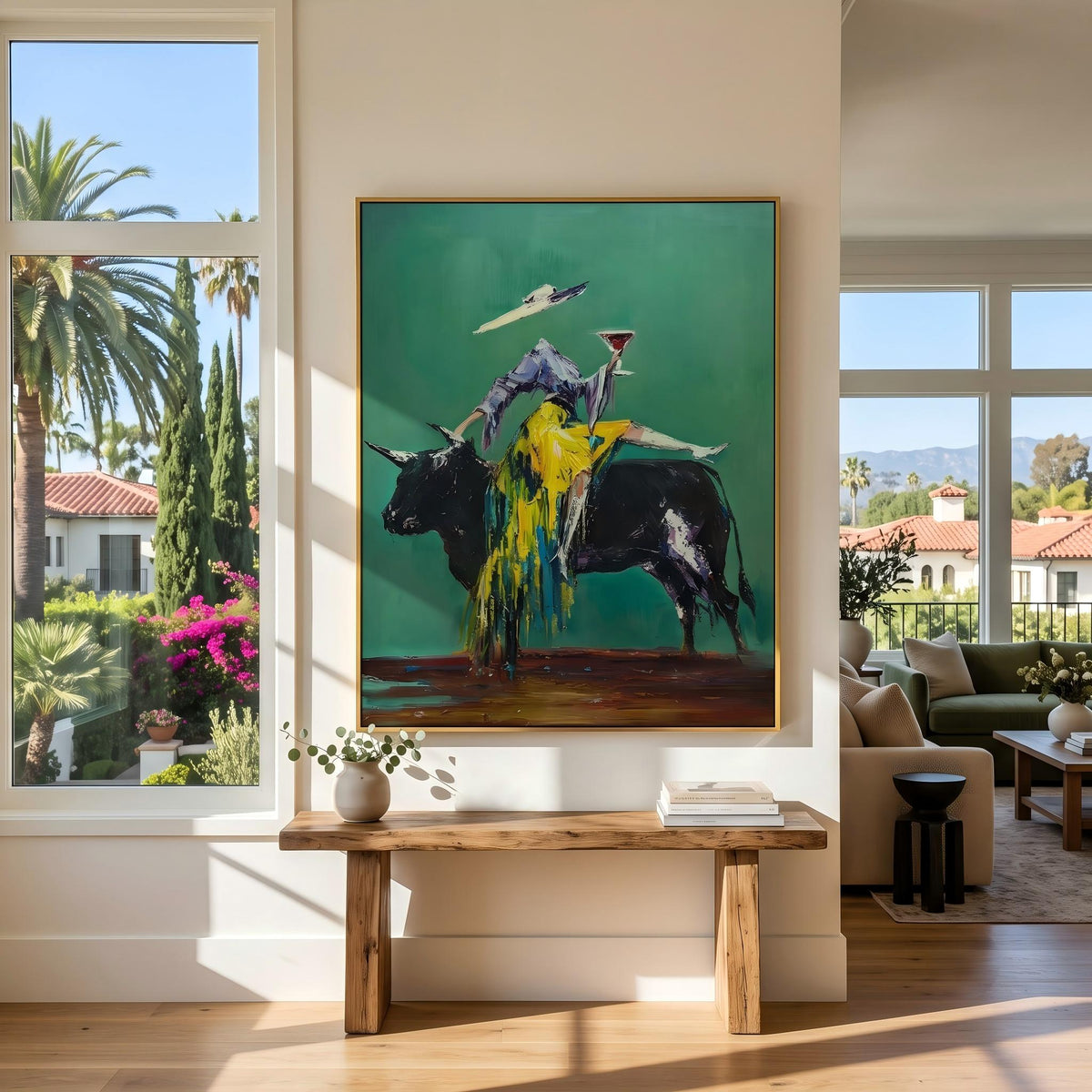 "Velvet Toast of the Emerald Bull" - Modern Heavy Impasto Western Animal Artwork | Green Palette Knife Painting | Luxury Vertical Wall Art #PT 2661
