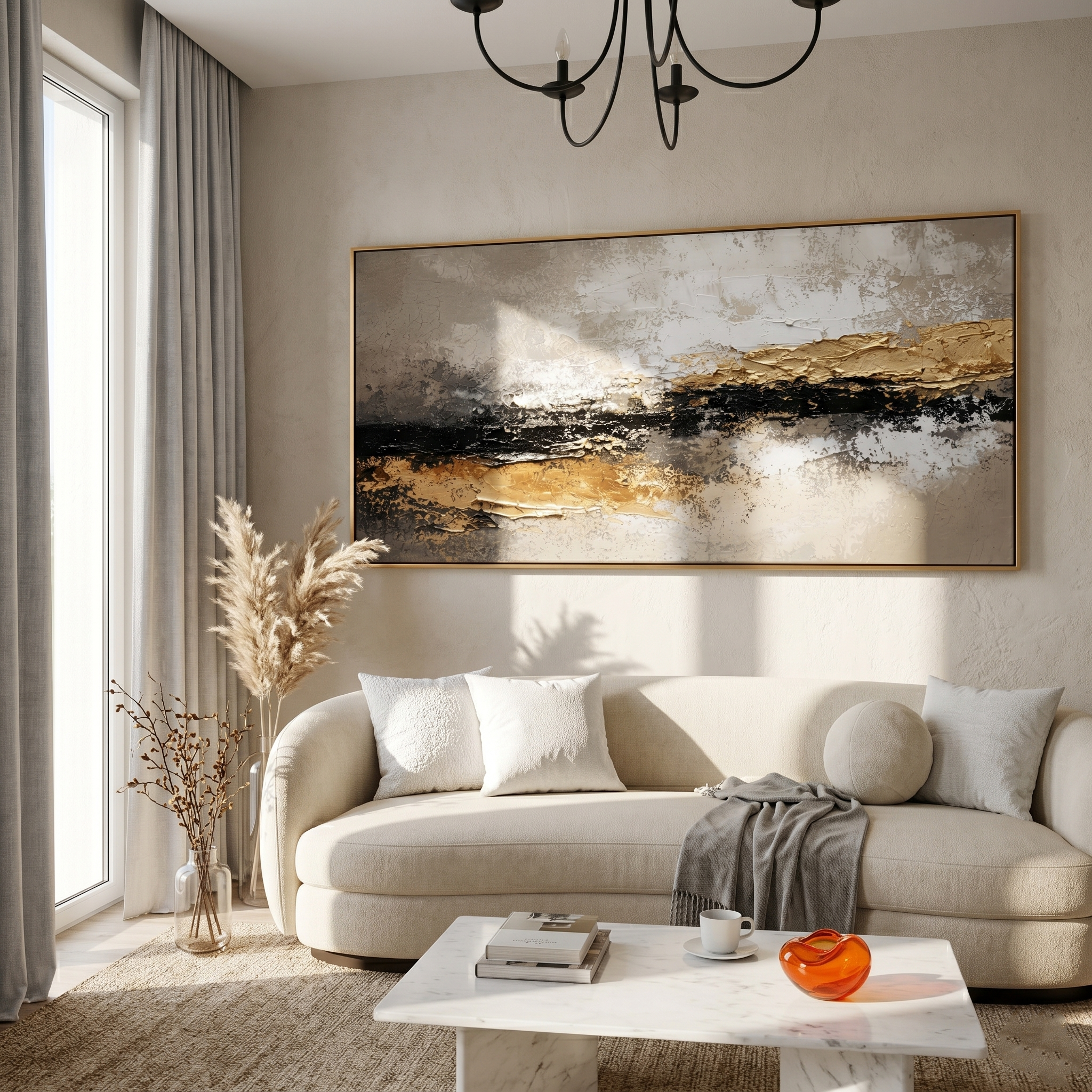 "Tectonic Rift" – Luxury 3D Sculptural Gold Foil Relief | Modern Wabi-Sabi Gray Texture Horizontal Art #WS 240
