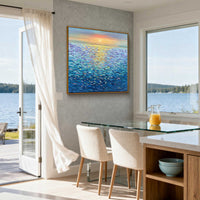 "Golden Ripples" – Impressionist Sunset Seascape Impasto Painting | Modern Healing Style Blue Ocean Wall Art#BE037