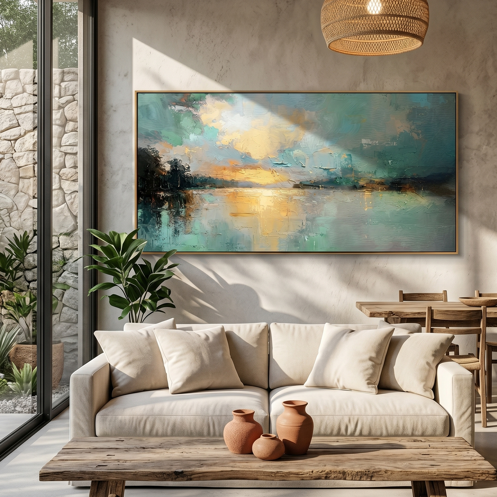 "Emerald Dawn" – Modern Impressionist Lake Seascape | Ethereal Teal & Gold Horizontal Gallery Wall Art#LC151
