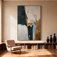 "Golden Modern Reverie" is a 100% hand-painted abstract artwork created with professional oil and acrylic paints on high-quality canvas. Its gold & green palette and visible textured strokes give every piece authentic handmade variation and tactile depth.