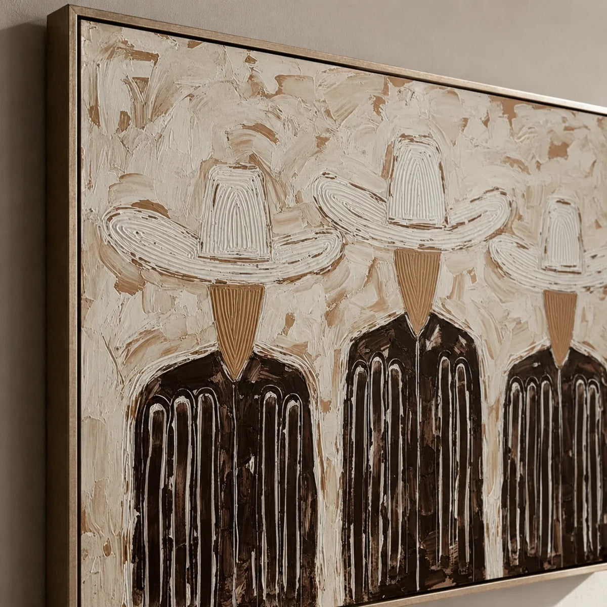 "Trinity in Linen" - Modern Heavy Impasto Abstract Artwork | Black & Golden Palette Knife Painting | Luxury Horizontal Wall Art #PT 2655